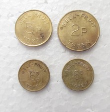 4 x Bell Fruit gaming machine tokens, 5p, 2p. 6d. 6d/2.5p 