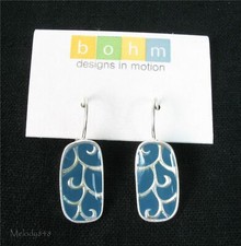 BOHM Earrings Oblong Drop Satin-Matt Silver Scroll & Denim Blue Enamel BNWT