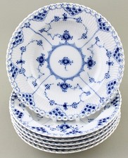 ROYAL COPENHAGEN BLUE FLUTED FULL LACE RIMMED SOUP PLATES 1170 X 6 PLEASE READ!