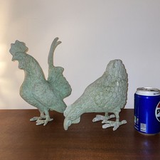 Set of two vintage metal hen chicken Cockerel outdoor ornaments garden 11”