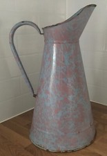 VINTAGE FRENCH PINK ENAMEL JUG LARGE PINK & BLUE ENAMELWARE JUG