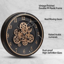 Large 16″ 40 cm Retro Wall Clock with Moving Gear  Vintage Style Home Decor