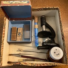 Vintage Small Cast Iron Microscope With Accessories (slides,insect bottle, etc)