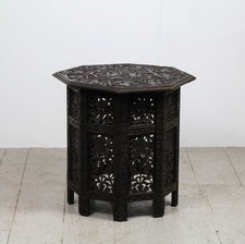 Antique c.1900 Anglo-Indian heavily carved octagonal side table, collapsible