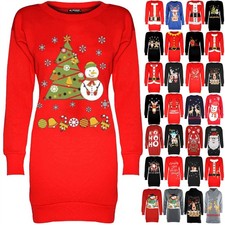 Womens Christmas Fleece Ladies Snowman Tree Xmas Sweatshirt Mini Jumper Dress