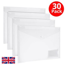 30 A4 PLASTIC DOCUMENT WALLETS Clear Folders STUD CLOSE Popper Envelope AVARTEK