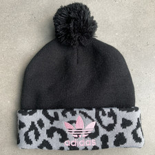 Adidas Originals Black/Grey Bobble Beanie Hat Leopard Print Women Pom Animal Y2K