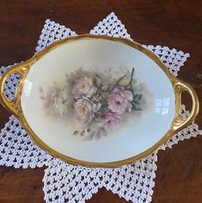 VINTAGE  P. Limoges Royal Porcelain Dish 24KT Gold Hand Painted Roses; Handles