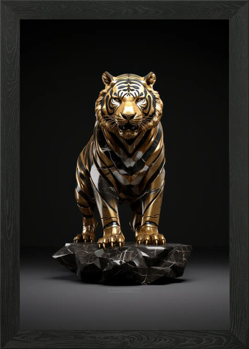 Marble tiger statue - , framed