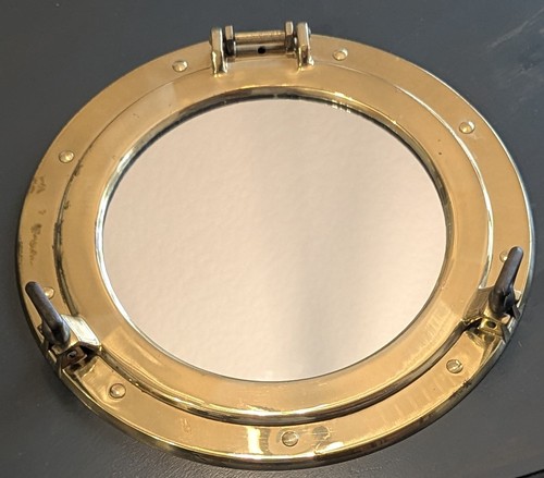 Vtg brass porthole mirror wall - brass,