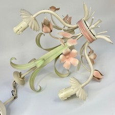 Vintage French 3 Arm Toleware Chandelier Light with Pretty Pink Flowers In Metal