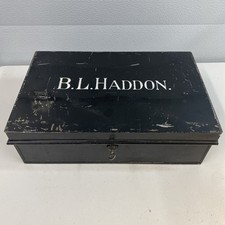 Vintage Tala Black Metal Cash Deed Document Storage Box with Key Side Handles