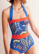 Boden Santorini Swimsuit Blue Size 18 Long Tummy Control Padded Halter Neck New