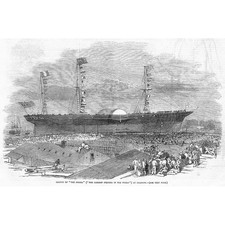 SHIPPING Launch of The Persia at Napier's Yard in Govan - Antique Print 1855