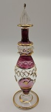 Vintage Egyptian Perfume Bottle - Delicate Hand Blown Cranberry Glass - Gold Bow