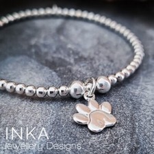 925 Sterling Silver stretch beaded Stacking Bracelet with Paw print charm INKA