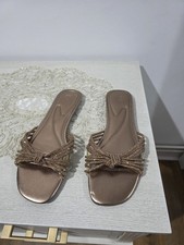 Silver Pu Round Toe Diamante Knot Strap Flat Sandals Size 6