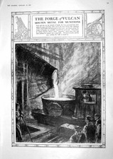 Original Old Vintage Print 1917 Forge Vulcan Molten Metal Munitions London Coal