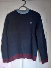 Small Mens Fred Perry Dark Blue Jumper. 100% Wool W/ Suede Elbow Patches