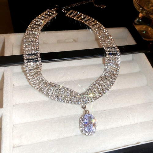 Silver crystal choker necklace - silver,