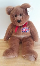 Ty Beanie Buddy Collection Britannia Caramel Brown Teddy Bear Red Ribbon, 33cm