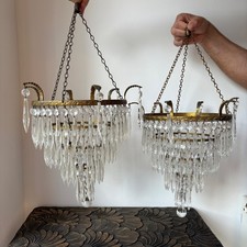 Pair of large four tier matching crystal waterfall chandeliers, antique lightin