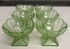 Vintage Green Pressed Glass Dessert Dishes Art Deco Style X6