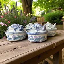 Set Of 4 Chinese Porcelain Blue White Oval Lidded Koi Fish Bowls