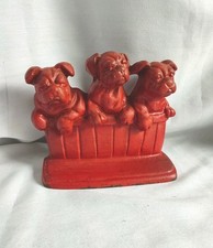 Vintage Cast Iron British Bulldog / Pug Puppies In A Basket Doorstop