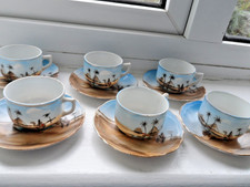 Vintage E.E.G. hand painted set of six cups and saucers Egyptian scene small