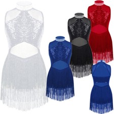 UK Girls Sequins Tassel Hem Dance Dress Jazz Latin Stage Performance Costume