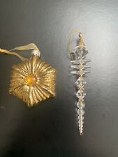 2x Christmas tree decorations acrylic crystal gold hanging icicle + amber bauble