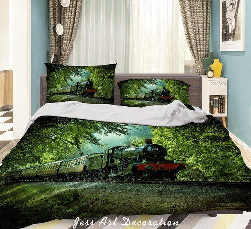Train green trees quilt - 3d,