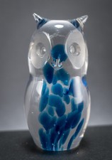 Owl Figurine Ornament Langham England Art Glass Clear and Blue Glass