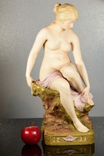 Antique Royal Dux Porcelain Figurine of a Huge Woman Sitting on a Rock Nude RARE