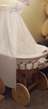 Brown Wicker Crib Cot Moses Basket Wooden Solid Wheels. (Inc.Bedding) RRP £399