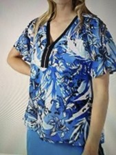 QVC JM Fashion Julien Macdonald Printed Blouse layer Top Blue White Leaf Size16