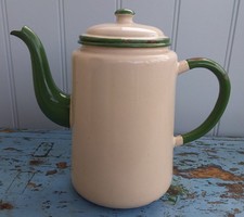 Vintage Enamel Ware Coffee Pot & Lid. Cream/Green. Original. 1930s.