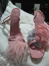 High Heel Sandals With Ankle Straps And Pink Feather Pompoms