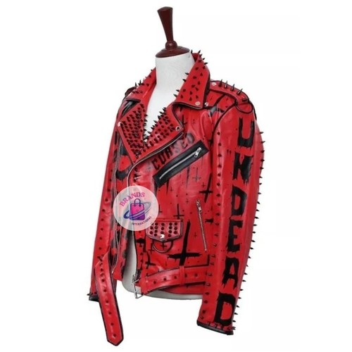 Men red leather jacket - leather,