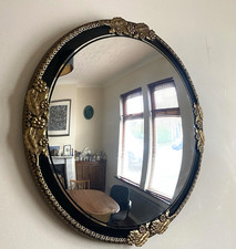 Vintage retro 1950’s 16 inch black & gold round convex wall mirror
