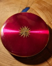 VINTAGE  RED ENAMEL Ladies  POWDER COMPACT WITH JEWELLED CARTOUCHE FAUX RUBIES
