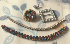 5 Pieces Vintage Diamante Jewellery Multicoloured Brooch Buckle Bracelets Earing
