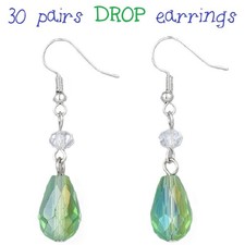 30 Pairs Green Drop Earrings Faceted Glass - Bulk Wholesale Job Lot Jewellery