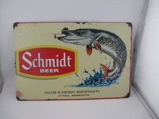 Schmidt Beer Metal Tin Sign Retro Fishing Pike Wall Decor 12x8 Bar Pub