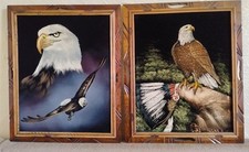 2 x Vintage Oil On Velvet Paintings - Eagles / Native American - Mexican -Framed
