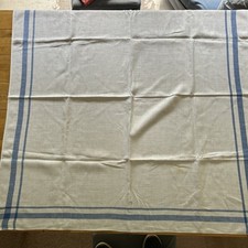 Vintage Pure Linen Square Tablecloth With Blue Lines Around Edge
