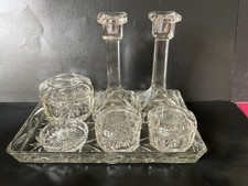 Vintage 7 Piece Clear Glass Dressing Table Set 40s 50s Candlesticks Bowls Tray