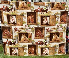 Pair Of Vintage / Retro Lined Curtains  / A Hardy Fabric Horses / Riding