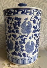 Large Storage Container Porcelain Jar Lid Blue Hand Painted Chinoiserie Flowers
